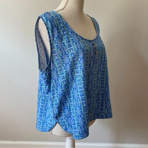 Linen Sleeveless Top Blue and Green Print - Picture 4 of 8